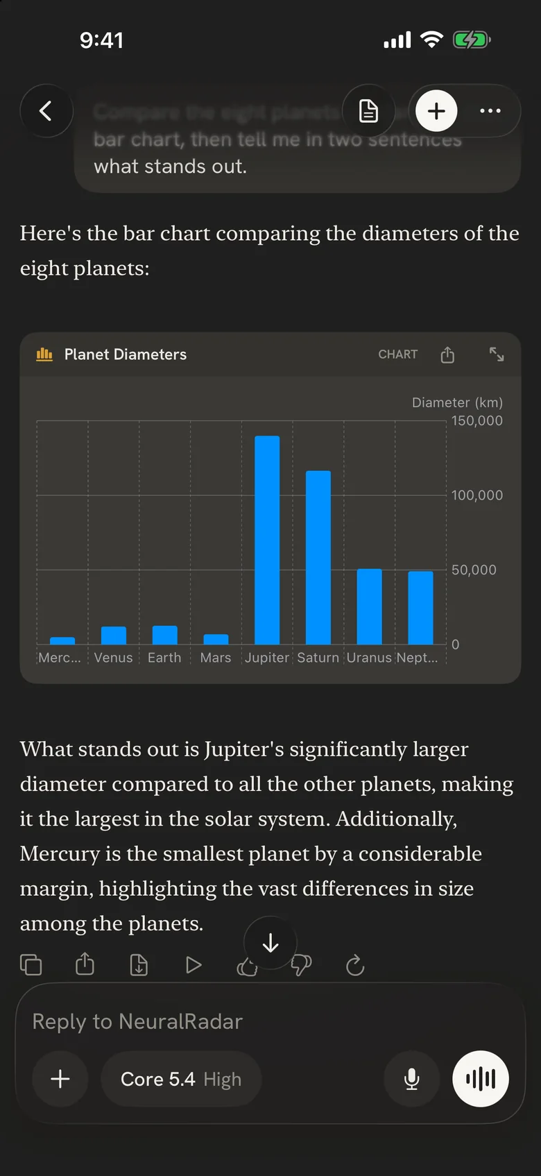 A NeuralRadar AI conversation on iPhone: a bar chart of planet diameters followed by a short written answer.