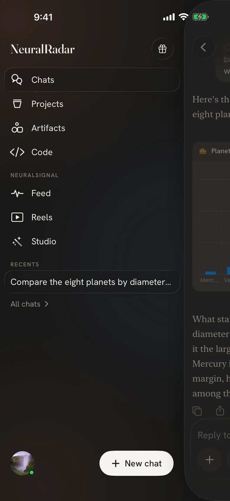 The NeuralRadar menu on iPhone listing Chats, Projects, Artifacts, Code, Feed, Reels and Studio.